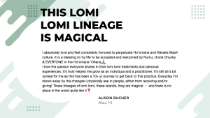 Image featuring a testimonial from Alison Bucher, a Lomi Lomi student in Hawaii, expressing gratitude for the spiritual and emotional transformation she experienced through the Hawaiian healing practice of Lomi Lomi massage.