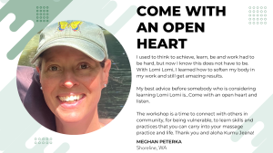 Smiling woman in a baseball cap shares her testimonial about learning Lomi Lomi massage, emphasizing softness, community, and heart-centered practice.