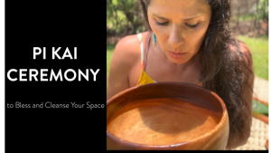 Hawaiian healing practitioner blessing a wooden bowl during a traditional Pi Kai ceremony to cleanse and clear energy.
