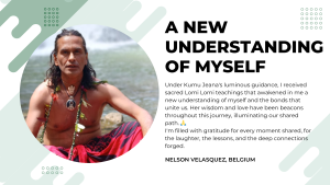 Lomi Lomi student testimonial from Nelson Velasquez, photographed in traditional attire by a waterfall in Maui after completing massage training with Kumu Jeana