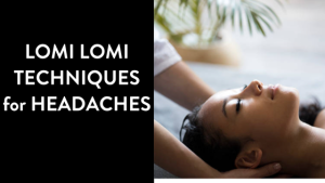 A woman receiving a Lomi Lomi massage lies peacefully with eyes closed, hands gently supporting her head, conveying relief and relaxation during a headache treatment.