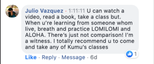 Screenshot of a Facebook comment from Julio Vazquez recommending Kumu's Lomi Lomi classes and emphasizing the importance of learning from someone who lives and breathes Aloha.